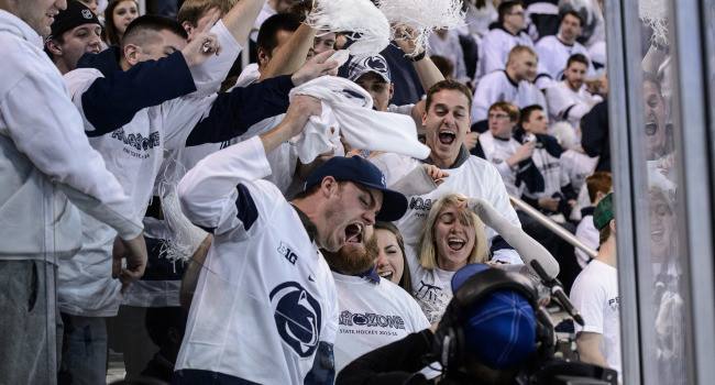 Members of the Roar Zone student section mug for the BTN cameras before the Nittany Lions takes on #1 Minnesota. Photo by Mark Selders